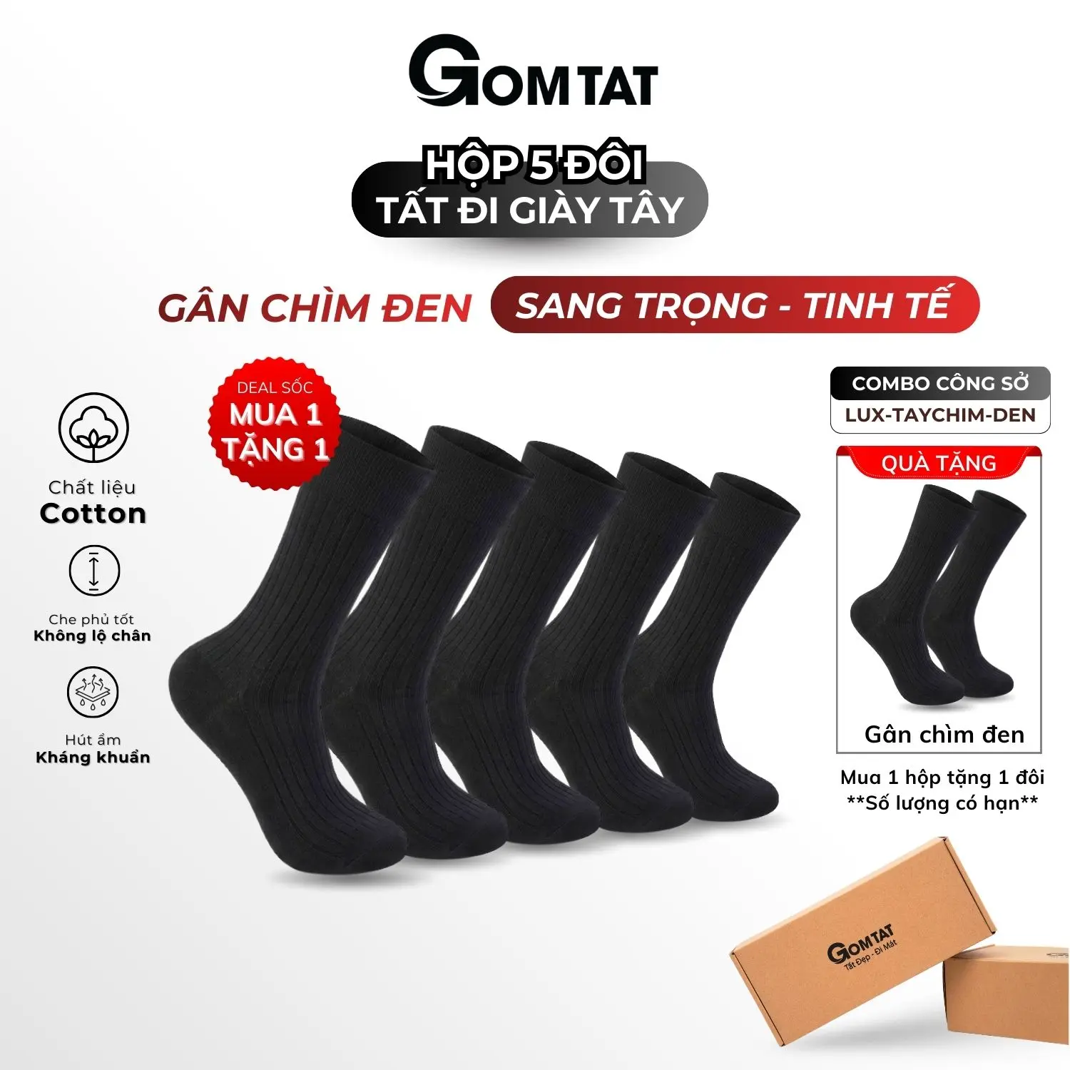 (Tặng thêm 1 đôi cho 1 hộp) Hộp 5 đôi tất nam đi giày tây GOMTAT mẫu gân chìm màu đen, vớ nam công sở chất liệu cotton cao cấp hút ẩm thoáng khí, vớ đi giày tây, tất nam công sở Menswear