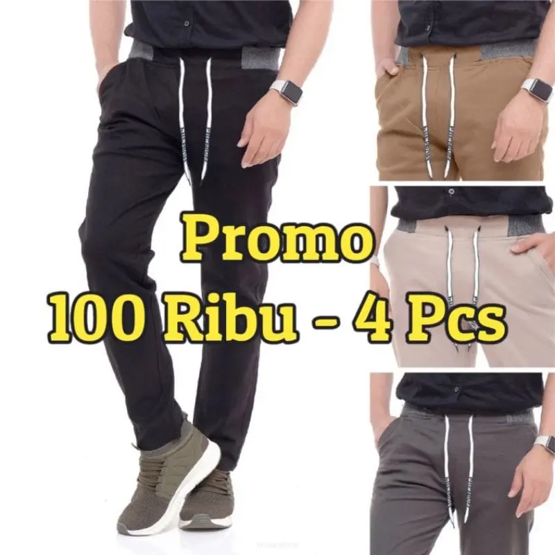 Promo 100rb Dapat 4 pcs Celana Chinos Panjang Pinggang Rib Kolor Formal Abu Cream Hitam Mocca