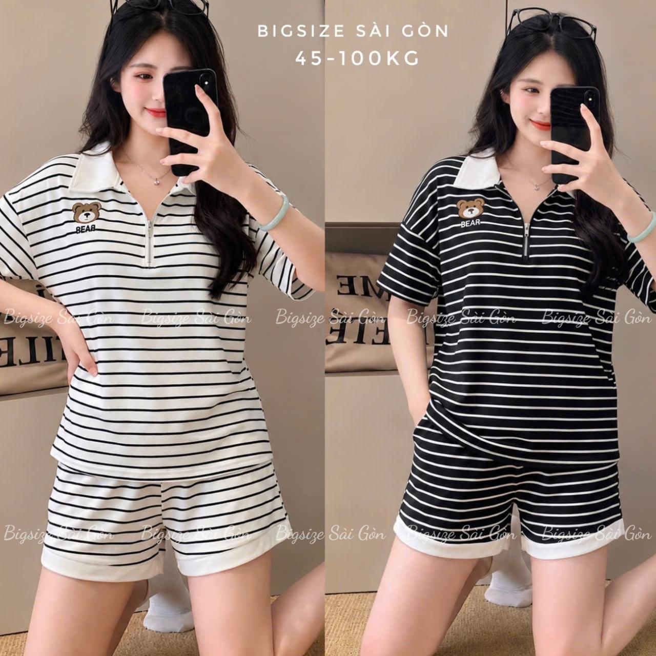 Set Thun Polo kéo Khoá Thêu Gấu Thun Soc Cotton Fom rộng Che Dáng cực Xinh mặc Thoái mái đi chơi , Đi Biển Hot Hít Nữ Cao Cấp cho nàng Chubby Dễ thương Bigsize 45-100kg - B.1832