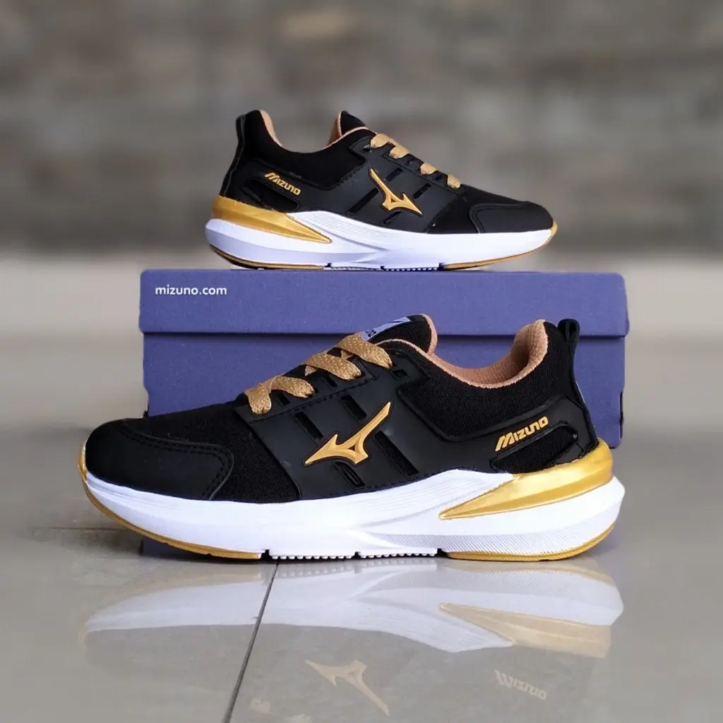 Sepatu Sekolah Olahraga Running Anak Lali-Laki Perempuan 33 - 37 Hitam Gold Sneaker Kasual Murah