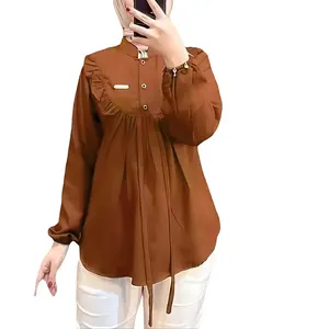 GHINA Blouse Crinkle Airflow, Blouse Wanita Murah, Atasan Kerja Lembut, Baju Casual Top Cewek Dewasa Panjang Basic Oversize Remaja Hitam dengan Kancing dan Ruffle, Nyaman dan Formal