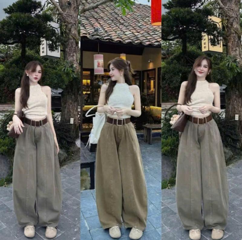 Tặng Kèm Đai Ngẫu Nhiên Quần ống rộng nữ cạp cao form suông 2 màu - Chất vải dày dặn dễ phối đồ phong cách Hàn Quốc - Pants