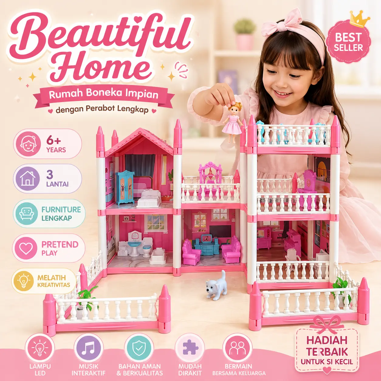 Beautiful Home Mainan Edukasi Anak Rumah Boneka Fast-09 dengan Desain Menarik Fitur Interaktif untuk Anak-anak 6+ Tahun - Doll