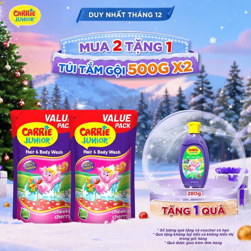 MUA 2 TẶNG 1 CHẢNH BEAUTY Combo 2 Túi Sữa Tắm Gội Carrie Junior Cho Bé chiết xuất trái cây thiên nhiên Hương Cheeky Cherry 500G