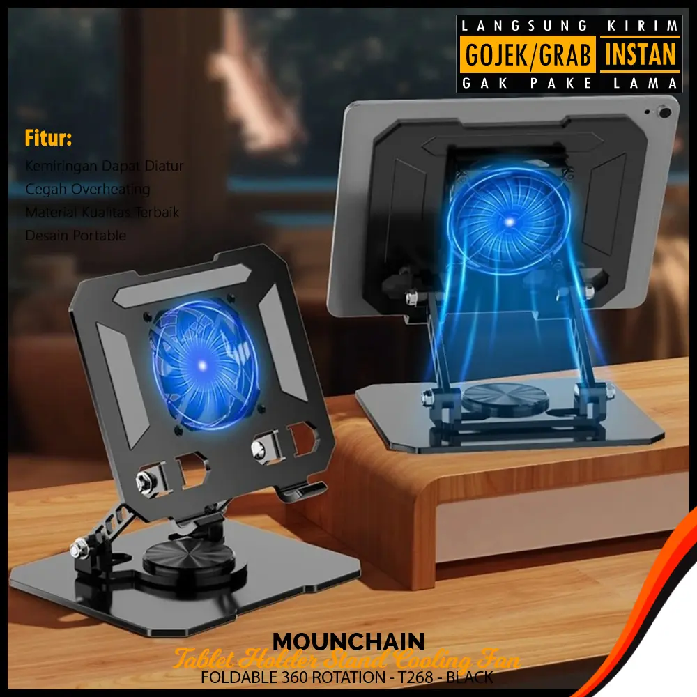 Mounchain Tablet Holder Stand Cooling Fan Foldable 360 Rotation - T268 - Black