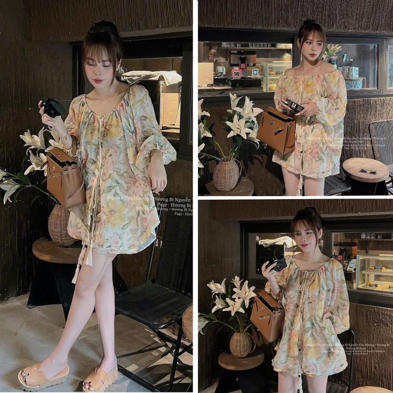 Đồ bộ nữ phong cách Hàn Quốc dễ thương áo voan hoa tay dài phối quần short lót an toàn mặc 2 kiểu siêu xinh - By BN TRENDY