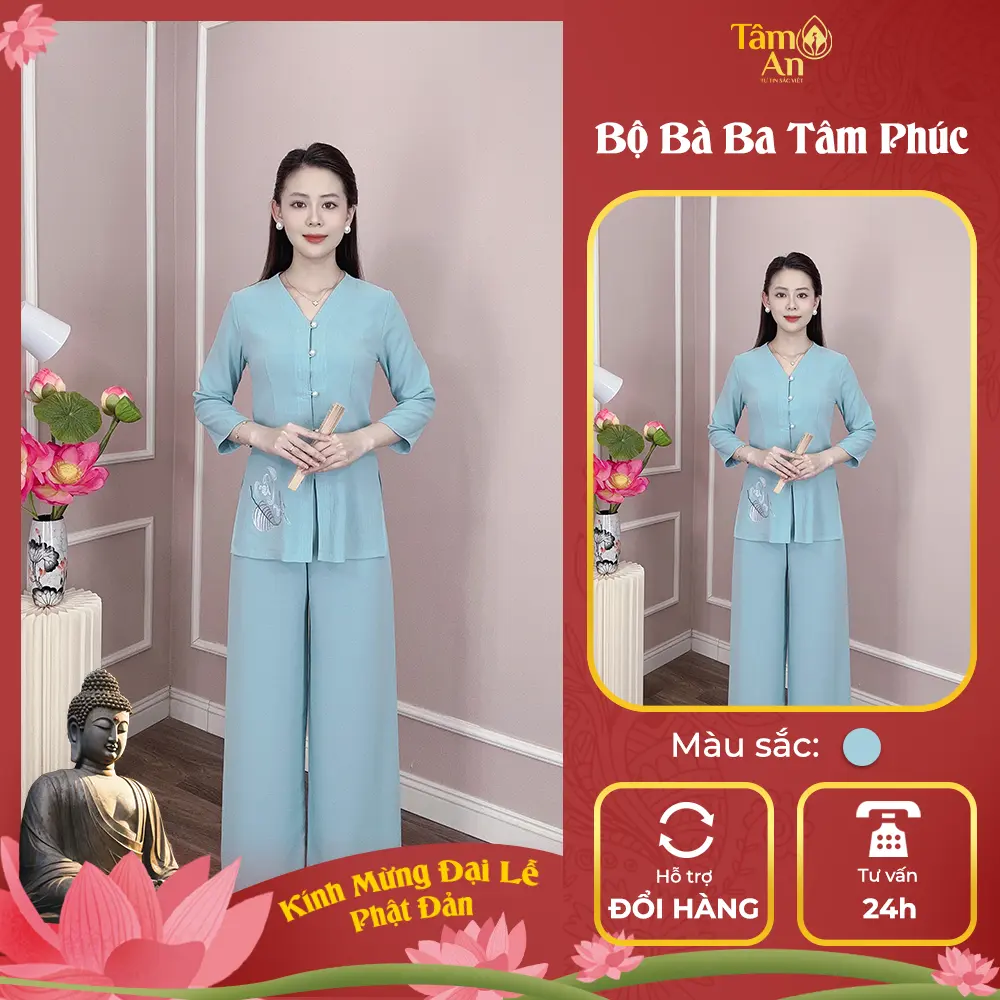 Bộ Đồ Lễ Chùa Bà Ba Tâm Phúc Màu Xanh Ngọc