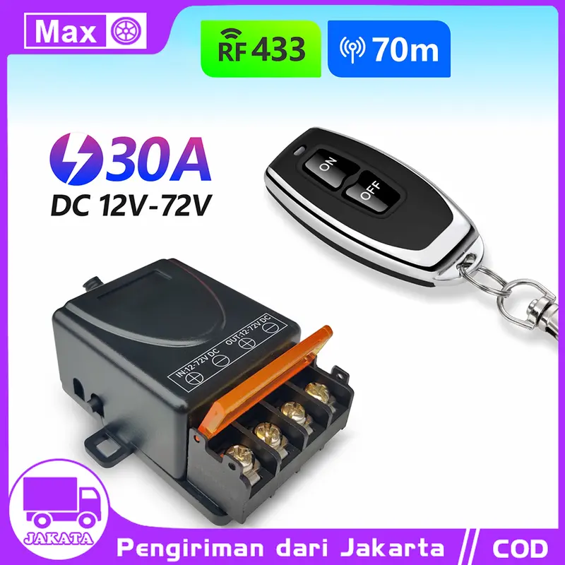 Relay Switch AC 220 DC 12V 1CH Remote Control Saklar on off /Sakelar Kontrol Jarak Jauh Nirkabel RF 433Mhz 30A DC 12V 24V 48V 72V Penerima Relai Arus Tinggi untuk Pompa Lampu Lampu 70 Meter 0