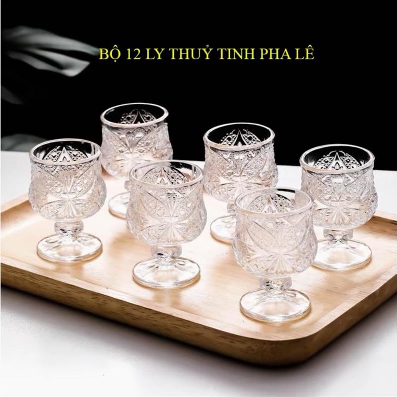 BỘ 12 ly thuỷ tinh pha lê uống rượu uống trà 40ml ly có đế chân phong cách sang trọng mới