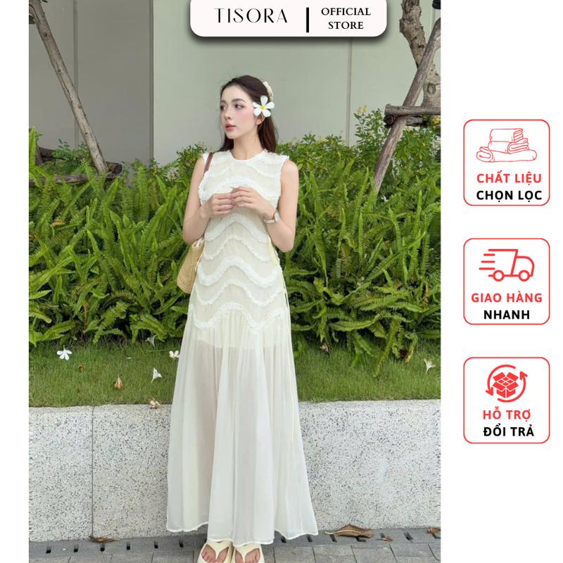 Đầm maxi đi du lịch sát nách họa tiết sóng dáng dài - Tơ cao cấp có lót