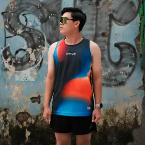 Jersey Running Pria Premium Dryfit RVLS – Tank Top Gym Sport Singlet Navy Blue Orange AURA IGNITE