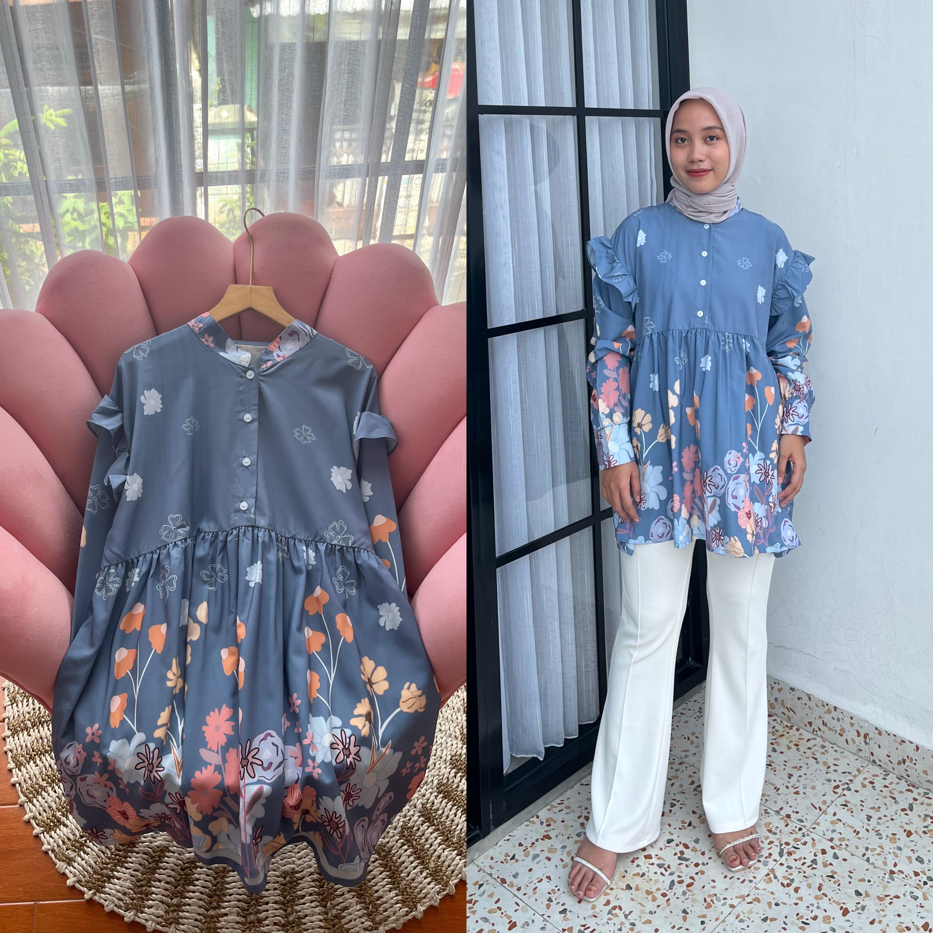 MENESTYS -Seyna Blouse Atasan Wanita Oversize Denim Bunga Cantik MENESTYS -Seyna Blouse Atasan Wanita Oversize Denim Bunga Cantik
