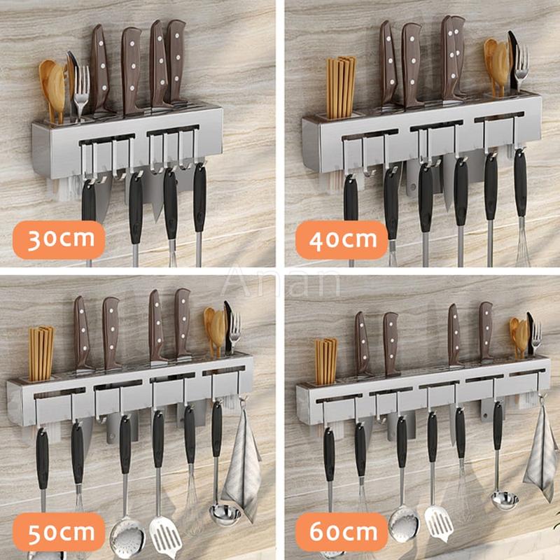 Kệ Dao Kéo Dán Tường Tuỳ Chọn Inox/Thép Đen  – Có Ống Đũa Nhựa, Móc Treo Nhựa, Chịu Lực Tốt, Tặng Kèm Miếng Dán