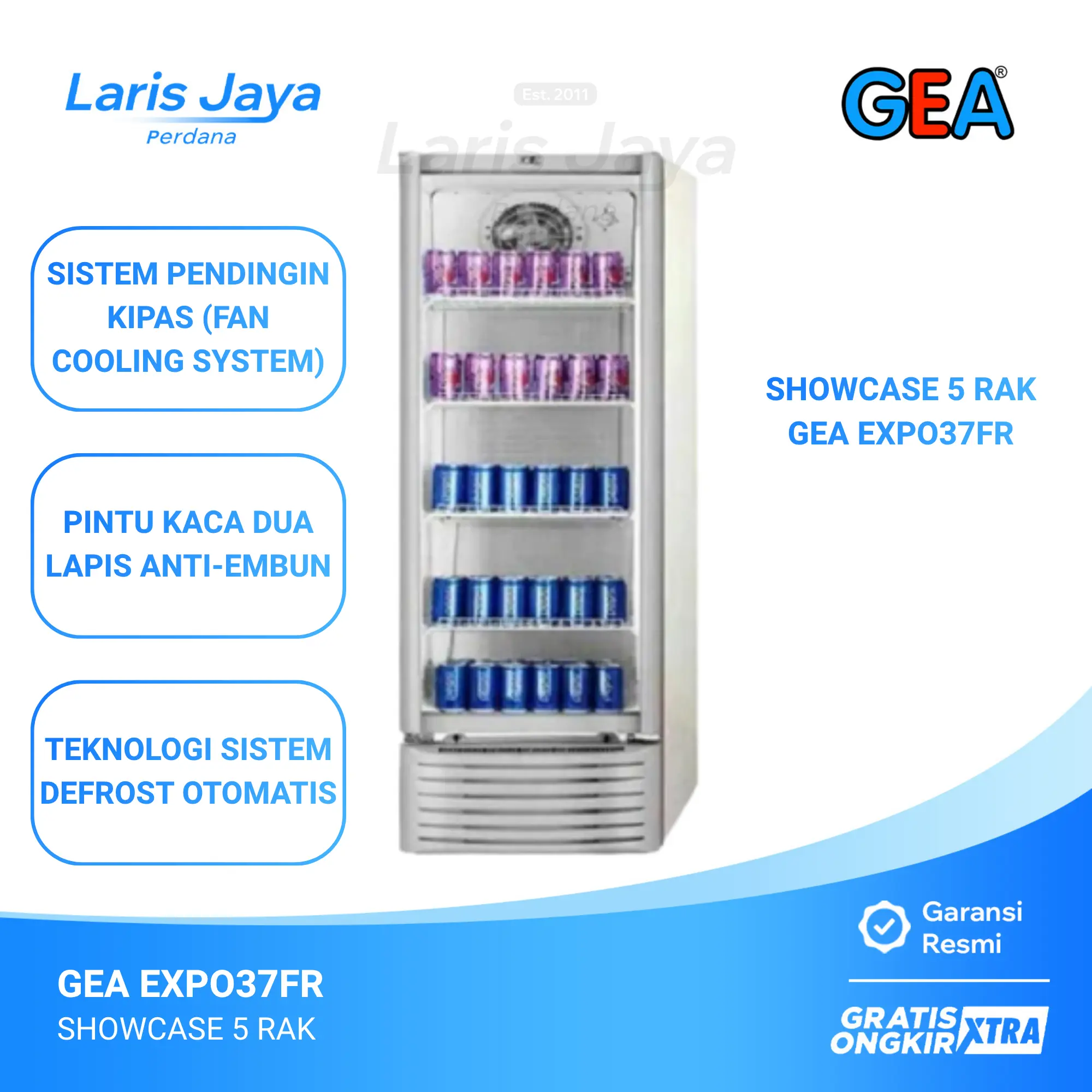 SHOWCASE DISPLAY COOLER GEA EXPO37FR / EXPO-37FR 5 RAK 281 LITER LED SPOT LIGHT DOUBLE LAYER GLASS GARANSI RESMI
