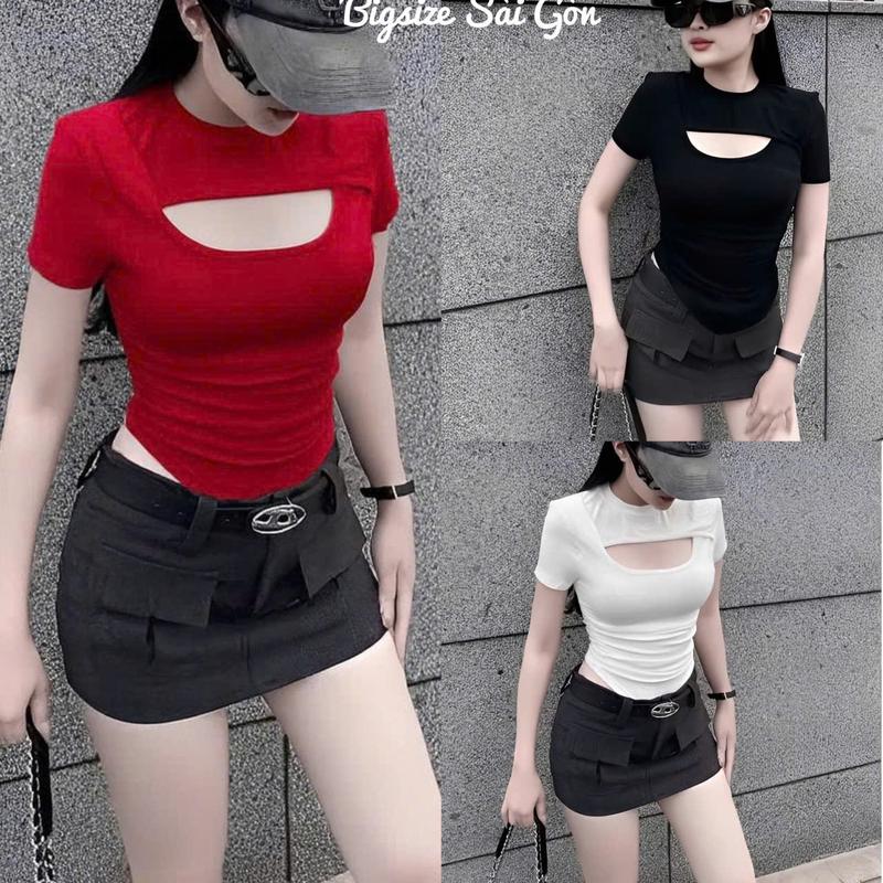 Áo Thun Nữ Tay Ngắn Cổ Tròn Phối Khoét Ngực Gợi Cảm Sang Chảnh Vải Thun Nhũ Hoa Bigsize 45- 90Kg Dễ Thương Top Nữ Women - B.1588