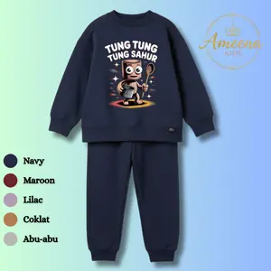 Ameena Setelan Baju Anak Laki-laki & Perempuan Tungtung Sahur Lengan Panjang Celana Jogger Karet Pinggang Tali Serut Bahan Lembut Adem Gaya Simpel Elegan Fashion Set Anak 2025 Model Baru