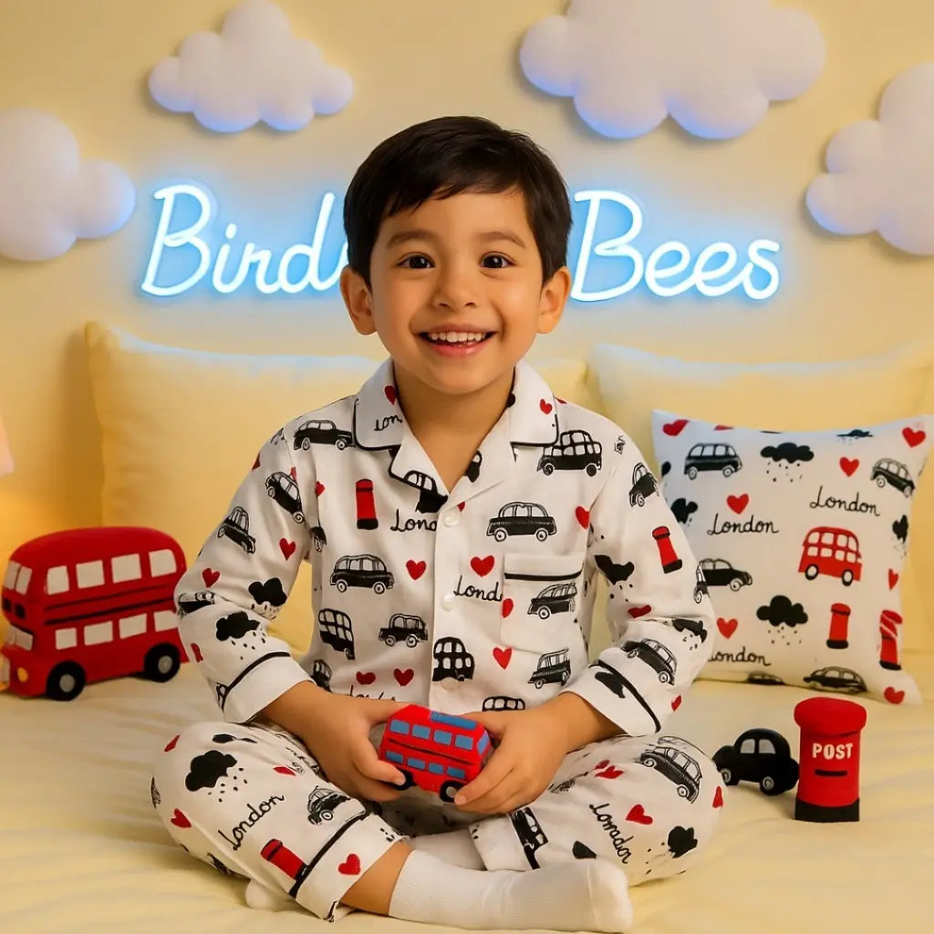 Birds and Bees Piyama Anak Setelan Baju Tidur Katun Kombat Putih Full Print Lengan Panjang Celana Panjang Nyaman dan Stylish