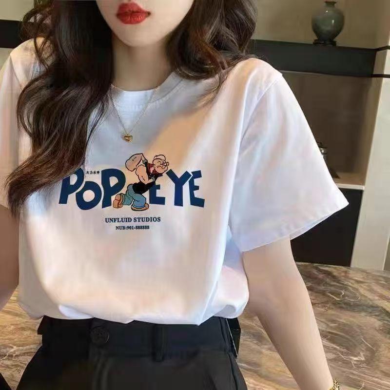 Product Introduction of Western style short sleeved printed summer new white shoulder half sleeved casual style sports top loose and versatile slimming T-shirt 16