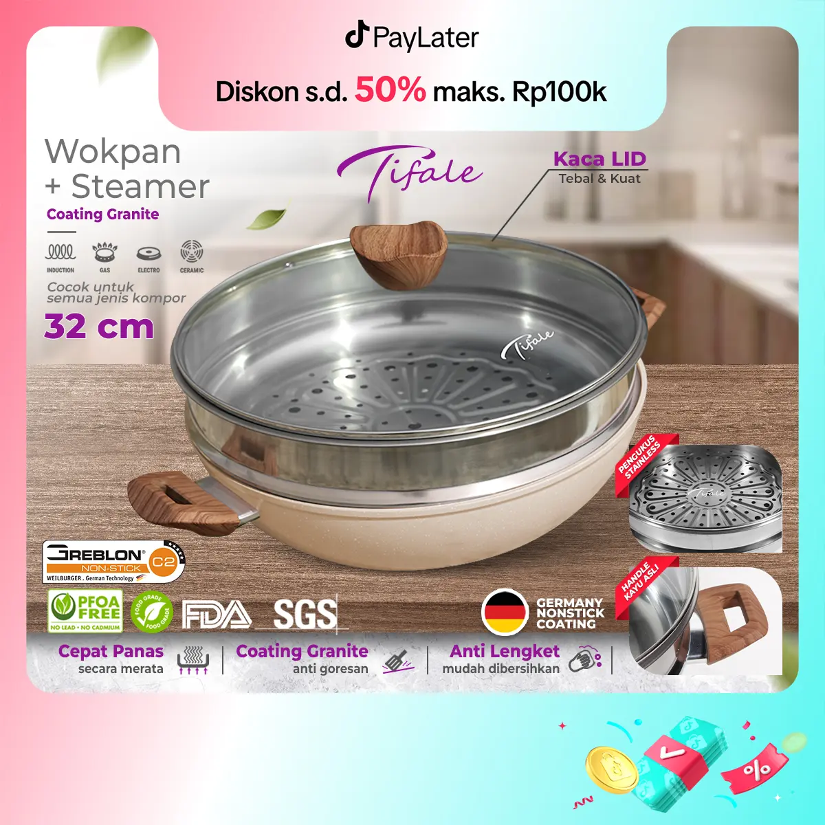 [NABUNG 15 MEI] Tifale [2IN1] Wokpan Diameter 32cm + Glass Lid + Granite Steamer Non Stick / Alat Masak Wok dengan Panci Kukus Granite Anti Lengket dan Tutup | Dandang Steamer Kukus Siomay dan Bakpao 2in 1 + Tutup | Kitchenware pero cookware