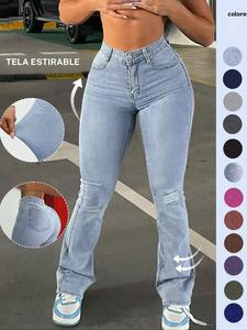 Jeans de mujer lisos con pierna acampanada y rotos, vaqueros acampanados, pantalones vaqueros de moda informales con cintura alta, bolsillos y botones para uso diario al aire libre, pantalones de mujer para todas las temporadas