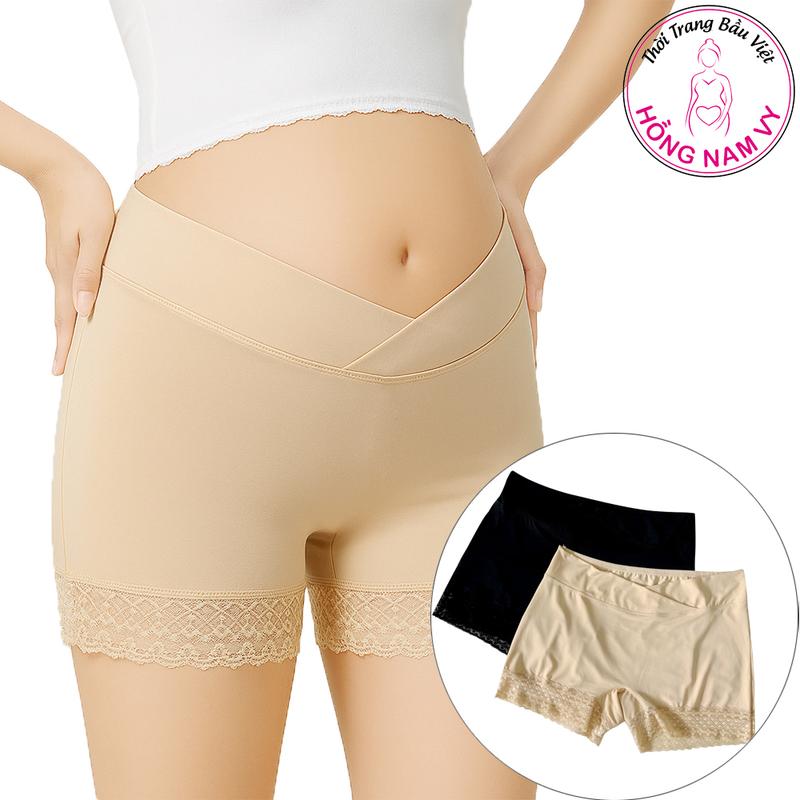  Quần mặc váy bầu cạp chéo Hồng Nam Vy cotton phối viền ren mịn đẹp 