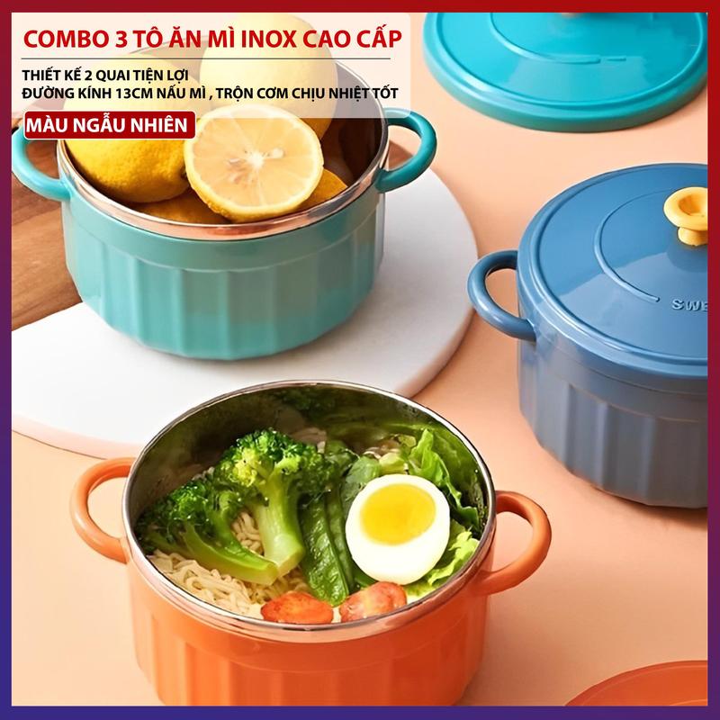 Combo 3 Tô Ăn Mì, Tô Đựng Cháo Chống Nóng 2 Lớp Cách Nhiệt Có Nắp Đậy 2 Quai Tiện Dụng