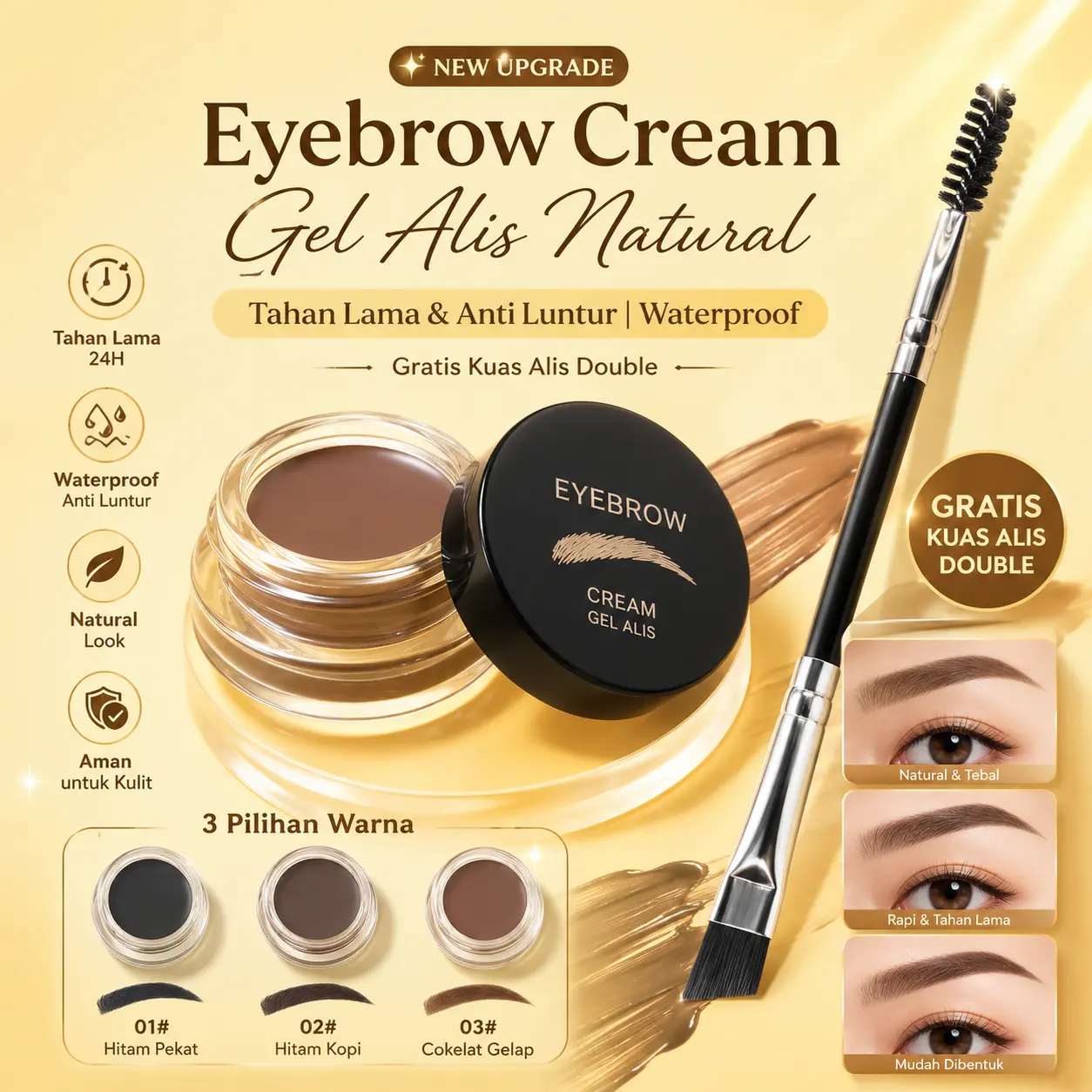 Eyebrow Cream Gel Alis Natural Tahan Lama & Anti Luntur Waterproof Gratis Kuas Alis Double 4 Pilihan Warna