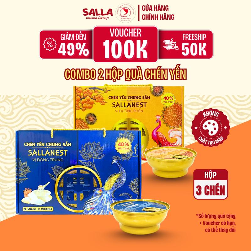 Chén Yến chưng sẵn SALLANEST HỘP QUÀ TẾT 40% Chọn vị ĐÔNG TRÙNG & ĐƯỜNG PHÈN - 1 Hộp x 3 chén x 200ml - Quà Tặng