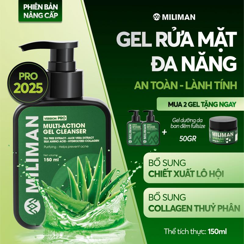 PRO Sữa Rửa Mặt Nam MILIMAN 150ML – Dạng Gel Làm Sạch Sâu Bổ Sung Lô Hội & Collagen Thủy Phân Phù Hợp Cho Da Dầu | Mua 2 Chai Tặng Gel Dưỡng Đêm 5in1 50g