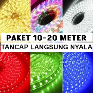 PAKET 10-20 METER LAMPU LED STRIP 5050  2835 3528 PLUS SOCKET AC 220V / LANGSUNG NYALA DAN PASANG TANPA RIBET