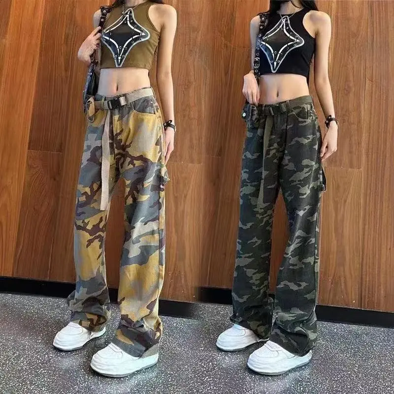 2023 Summer New Waist Bag Camouflage High Waist Drooping Design Loose All-Matching Slimming Casual Straight-Leg Wide Leg Pants for Women