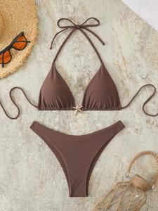 Bikini de dos piezas para mujer en color sólido con accesorio metálico en forma de estrella, estilo sexy, para todas las estaciones, sin advertencia de Prop 65
