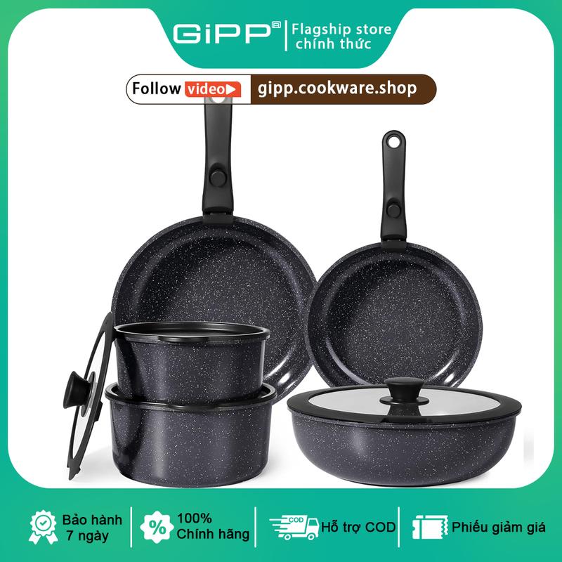 GiPP Bộ Nồi Chảo Đá Gốm 11pcs Set Chống Dính Cao Cấp 5 Món Có Tay Cầm Tháo Rời Dùng Cho Mọi Loại Bếp Hàng Chính Hãng