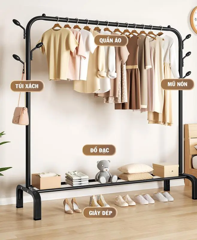 Giá treo quần áo khung kim loại nhập khẩu sơn tĩnh điện bền đẹp Giá treo đồ tích hợp để giày thông minh tiện lợi 0