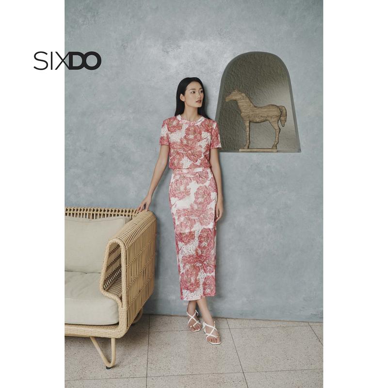 Chân váy ren bút chì họa tiết SIXDO (Pink Peony Lace Pencil Skirt)