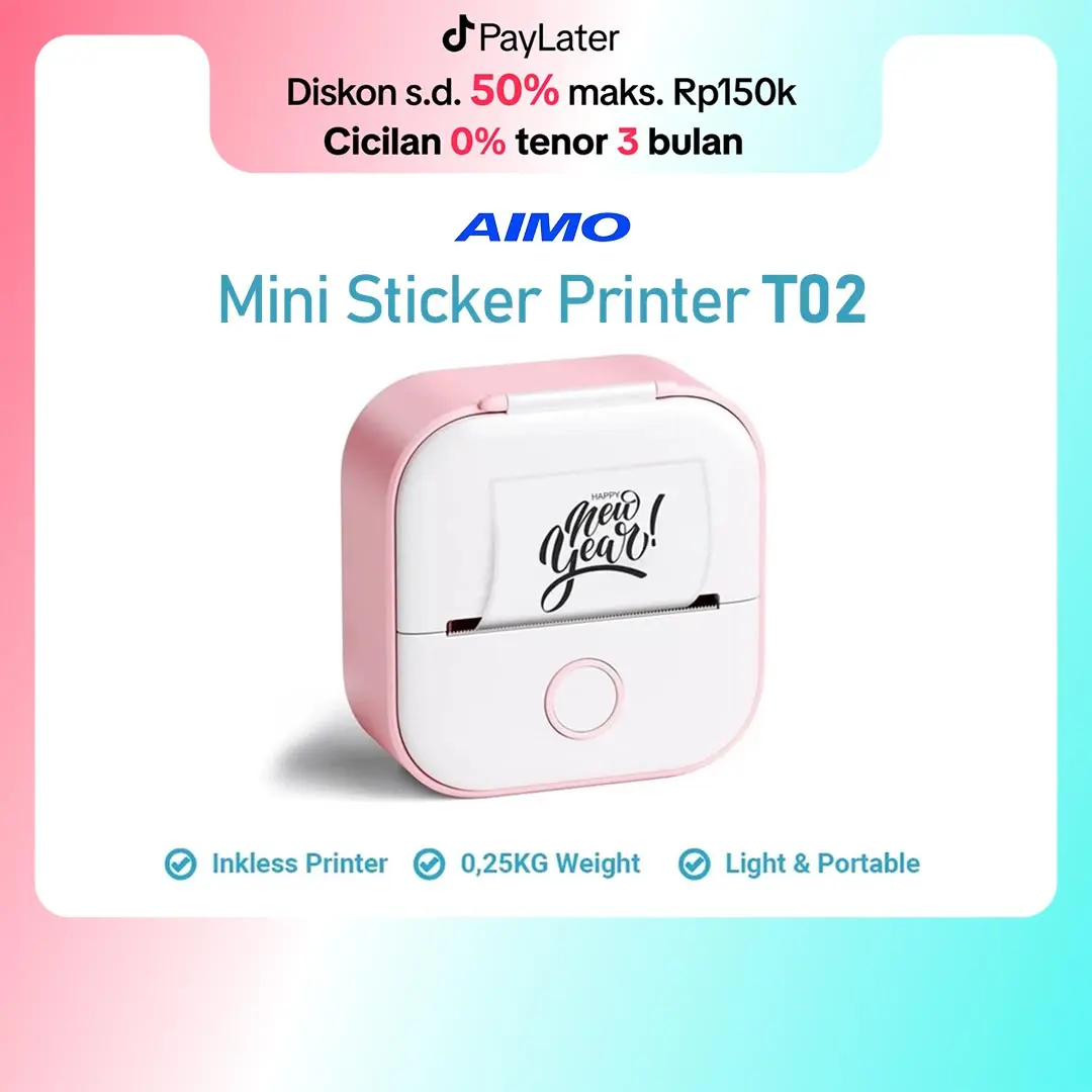 AIMO T02 Mobile Photo Label Printer 50 mm Mini Sticker Maker Thermal Printer Inkless Bluetooth Pocket Tanpa Tinta