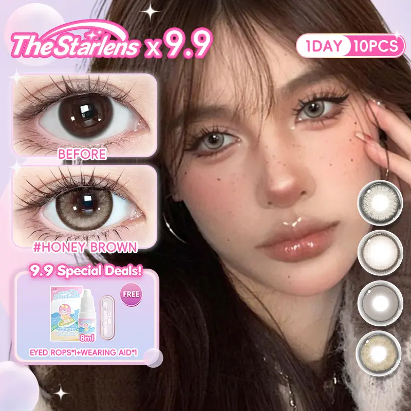 Kính áp tròng, Starlens, 10 cái, với lớp 0,0, được sử dụng trong 1 ngày, màu nâu / xám / xanh da trời hỗn hợp, độ dày 14,5 / 14,2mm