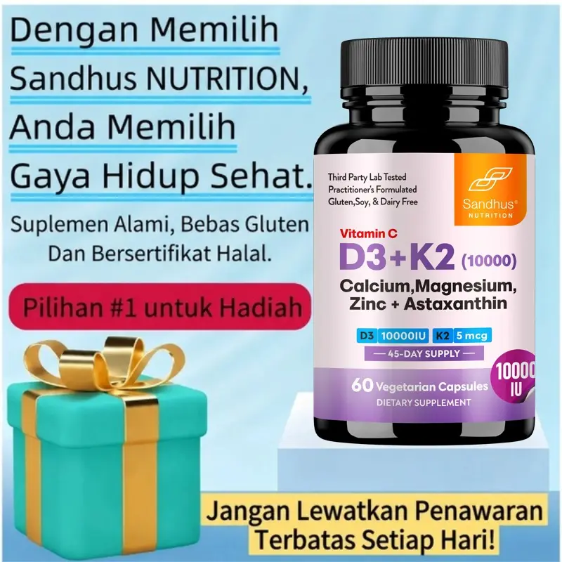 Vitamin D3 + K2 10000IU + Calcium Magnesium Zinc + Vitamin C + Astaxanthin Premium: Kombinasi Lengkap untuk Kesehatan Tulang & Jantung, 60 Kapsul