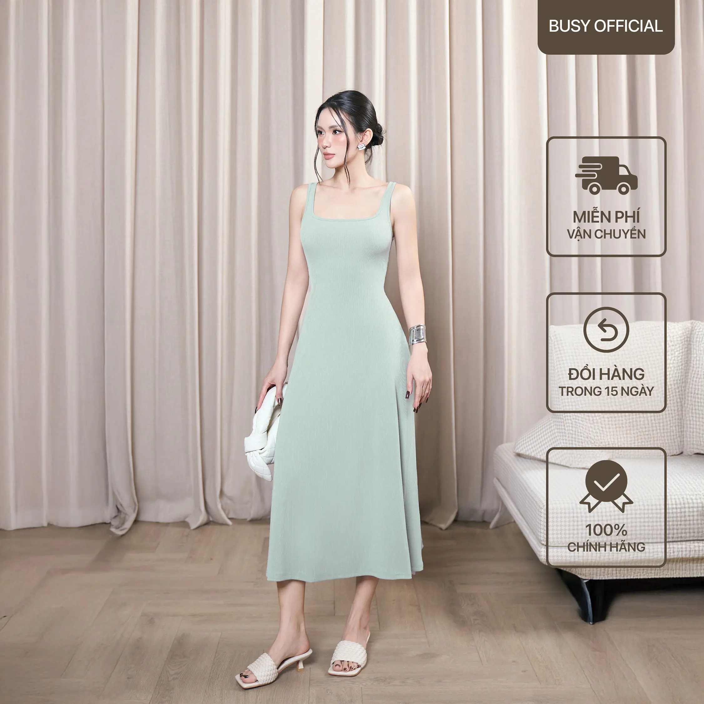 [BUSY] Váy Ba Lỗ Cổ U Xoè Nữ BUSY Thun Gân Co Giãn Ôm Sát VCU3