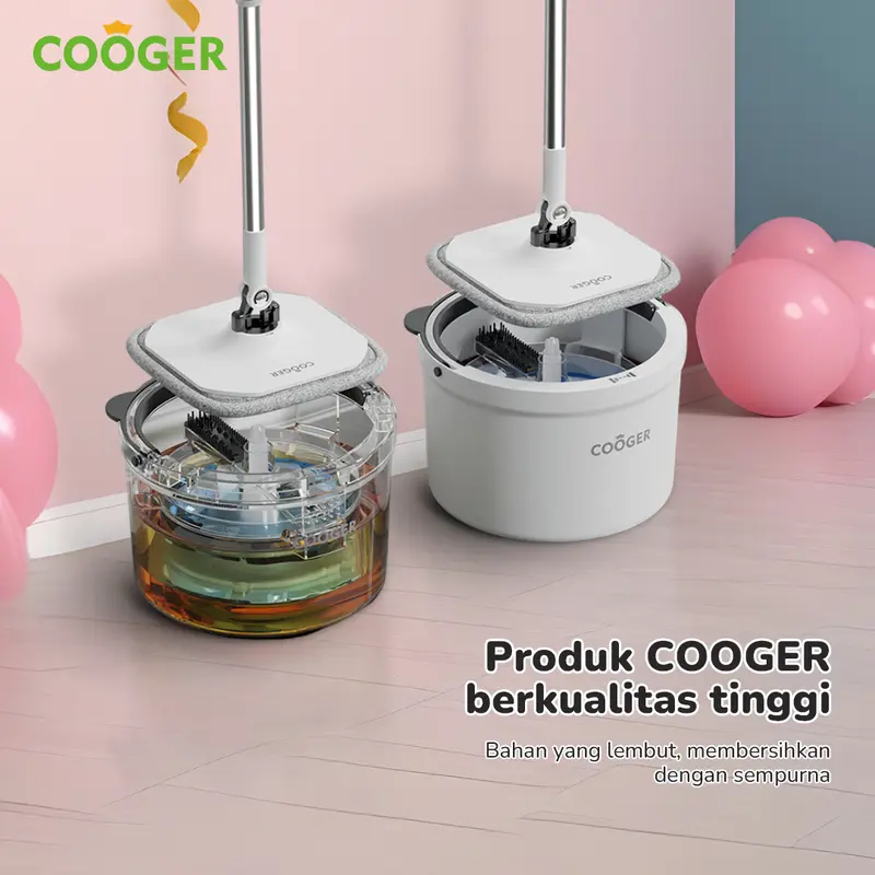 COOGER Alat Pel Lantai Putar Plus Bentuk Panda Single Bucket Plus Spin Mop 2IN1 Panda Dual Teknologi Pemisah Air Kotor Dan Bersih Dalam Satu Ember Kain Stainless Hitam Pink 6
