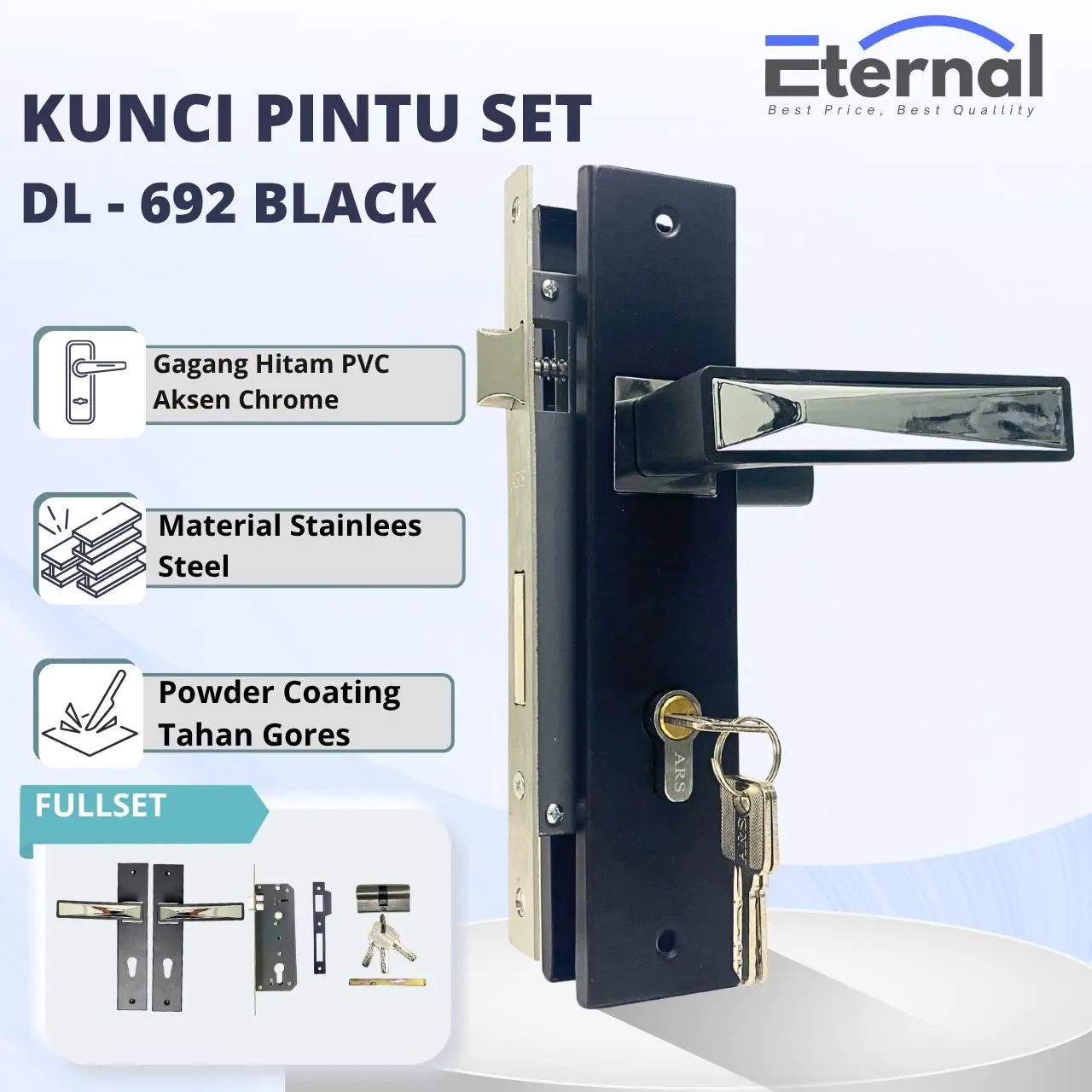 Kunci Gagang Set Pintu Rumah Ukuran Tanggung Besar Premium Handle Hitam Aksen Chrome Handle Komplit