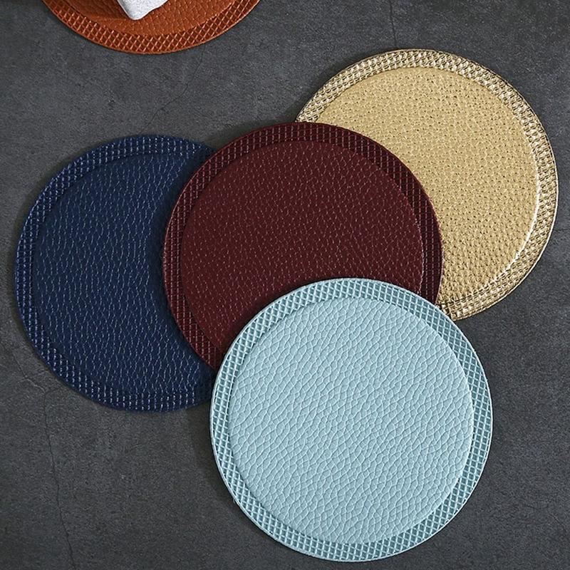 Pad Tahan Panas, Kulit PU Berkualiti Tinggi, Anti Melecur, Pad Pinggan Anti Gelincir, Bentuk Bulat, Tahan Panas, Coaster 4