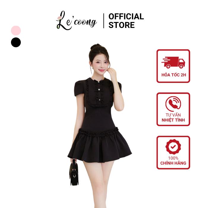 Váy Thiết Kế Tay Con Cổ Bèo Đính Nơ LECOONG V793 Đầm Tiểu Thư Màu Hồng Đen Đi Tiệc Sang Chảnh