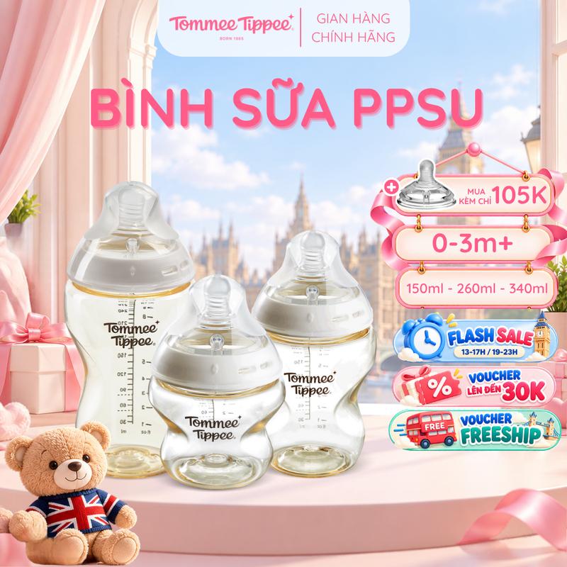 Bình Sữa PPSU Tommee Tippee Nhiều Size, Được Mua Kèm Thêm 01 Núm Ti Bất Kì 150m & 260ml Dành Cho Bé Từ 0-6 Tháng Tuổi Siêu Mềm Tự Nhiên