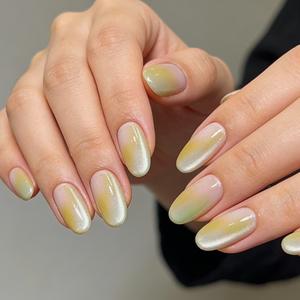 Spring Blue Cat Eye Press On Nails — Handmade Custom Design, Sheer & Brightening, Versatile Tropical Style, Energetic Cottagecore Aesthetic