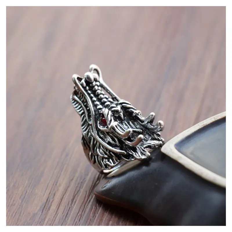 【Perenolr】Fashion Vintage Male Ring Domineering Red Eye Personality Punk Jewelry Dragon Head Ring 7