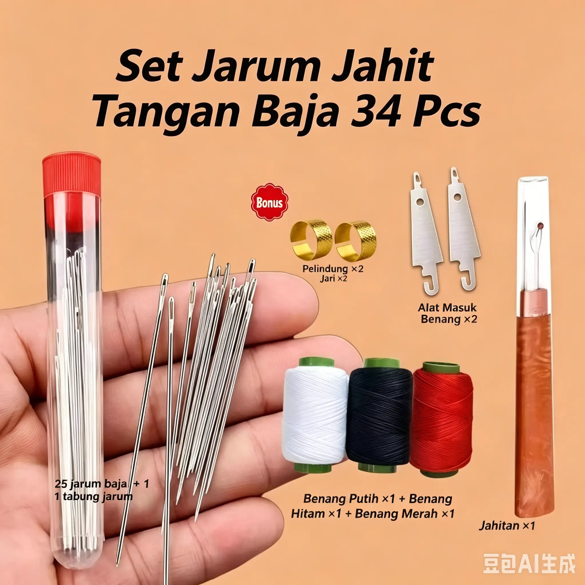 Set jarum jahit 34 pcs – jarum baja mata besar, panjang & tipis, cocok untuk quilt & pakaian