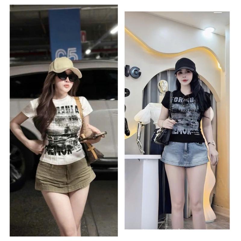    CHÂN VÁY KO CÓ KHOÁ 2 BÊN HÔNG   Sét BỘ ÁO NỮ IN HÌNH CỘC TAY PHỐI CHÂN VÁY JEAN BÒ XM HUYỀN HƯNG-MS158 