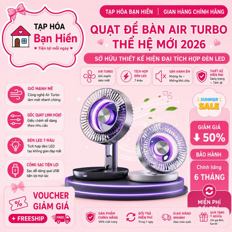 Quạt để bàn Air Turbo thế hệ mới 2026 sở hữu thiết kế hiện đại tích hợp đèn LED RGB đổi màu cực đẹp