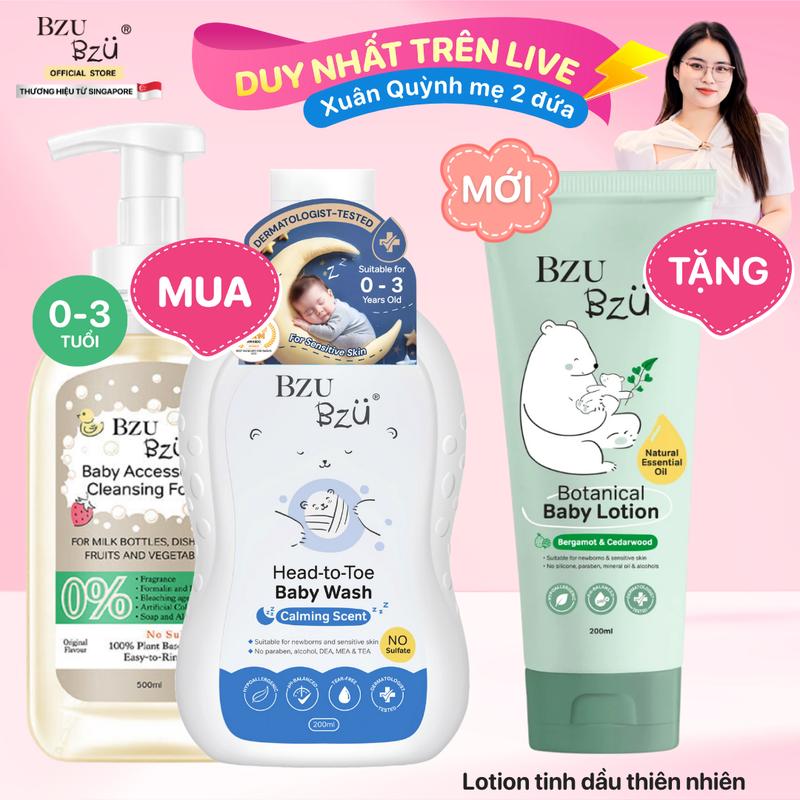   XQM2D  Combo Sữa Tắm Gội Toàn Thân Em Bé BZU BZU Head to Toe Wash 200Ml + Chai Nước Rửa Bình Sữa Và Đồ Dùng Em Bé Tạo Bọt 500ml Cho Bé 